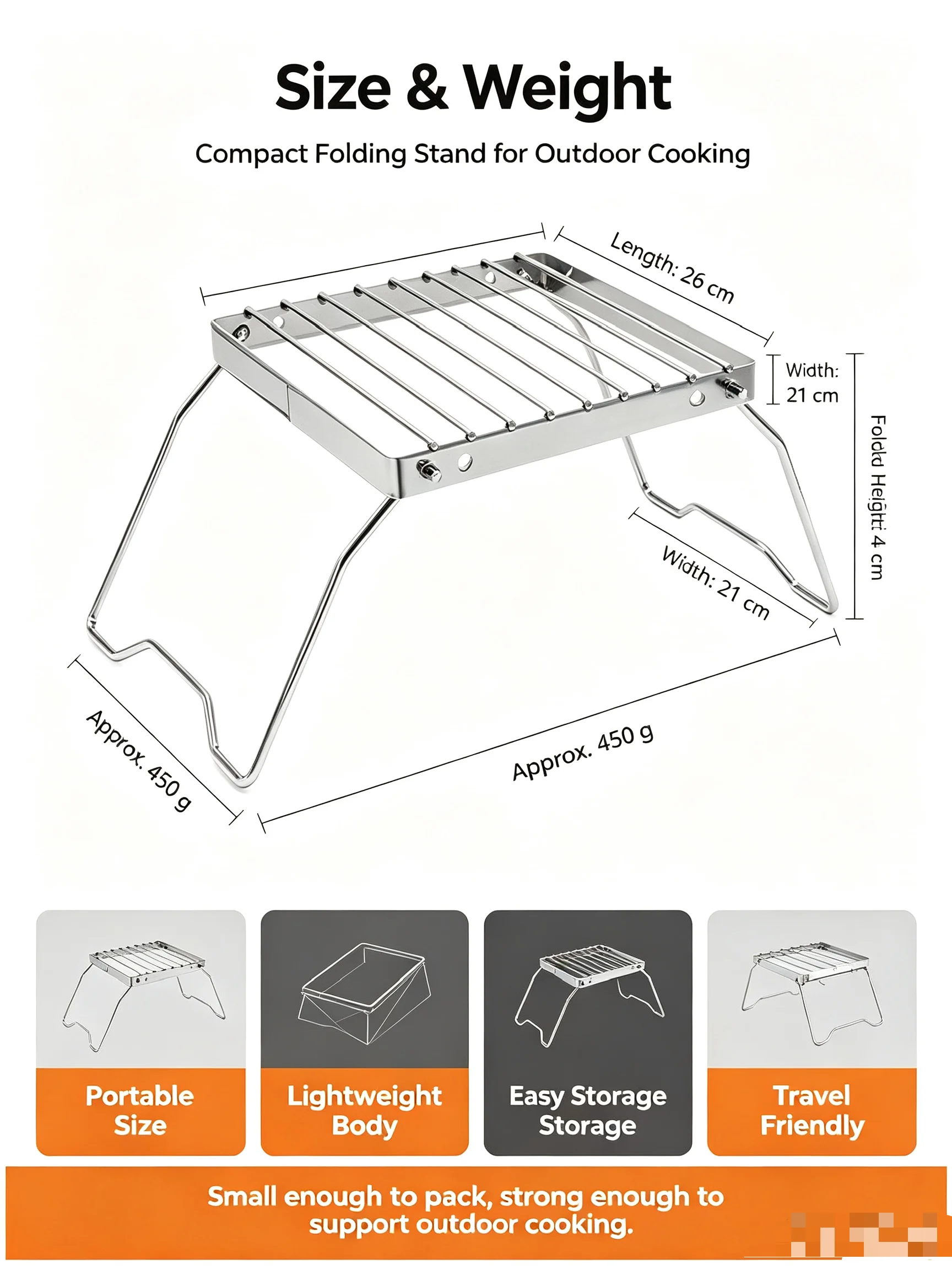 Tragbarer, zusammenklappbarer Campinggrillständer aus Edelstahl für Gasgrills, Holzkohlegrills und zum Zubereiten von Tee, für den Innen- und Außenbereich. – Detail 3