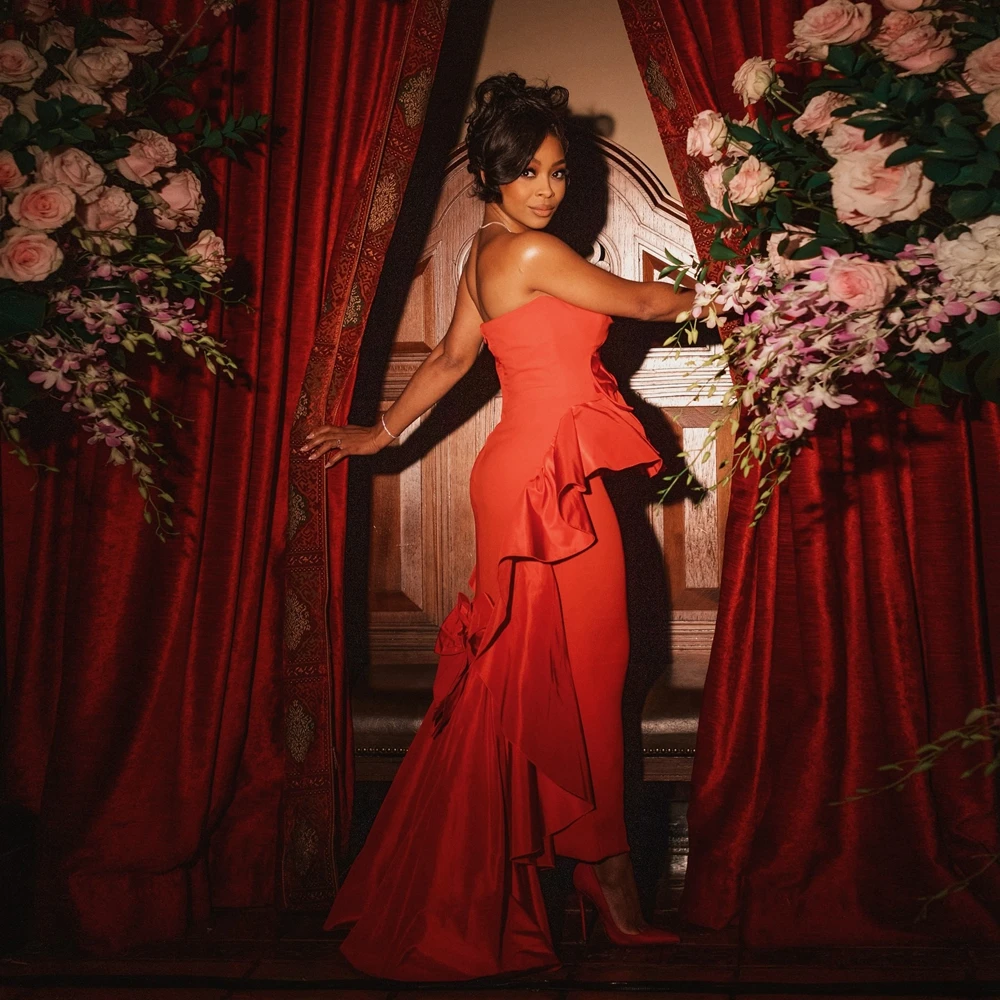 

Chic Red Ruffle Mermaid Evening Dress Women Wedding Satin Long Prom Formal Dresses Pretty Ruffles Taffeta Events Party Gowns