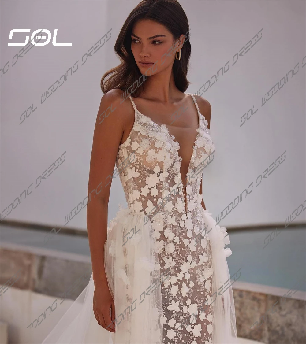 SOL profondo scollo a V splendida Appliques di pizzo 3D abiti da sposa treno staccabile aperto indietro abiti da sposa Vestidos De Novia su misura