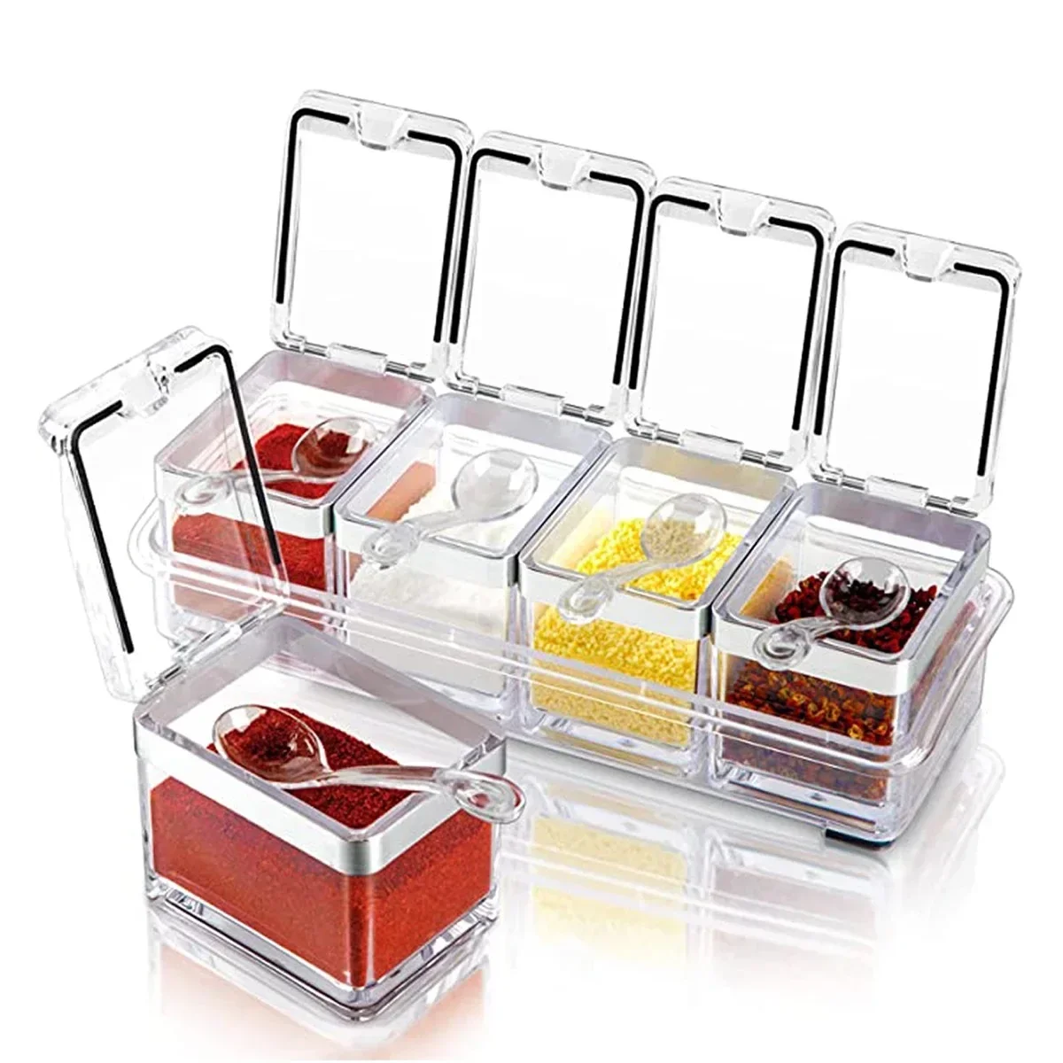 Caja de condimentos transparente, Juego de 4 contenedores de almacenamiento de condimentos de cristal con cuchara, estante de condimentos transparente, ollas de especias para pimienta