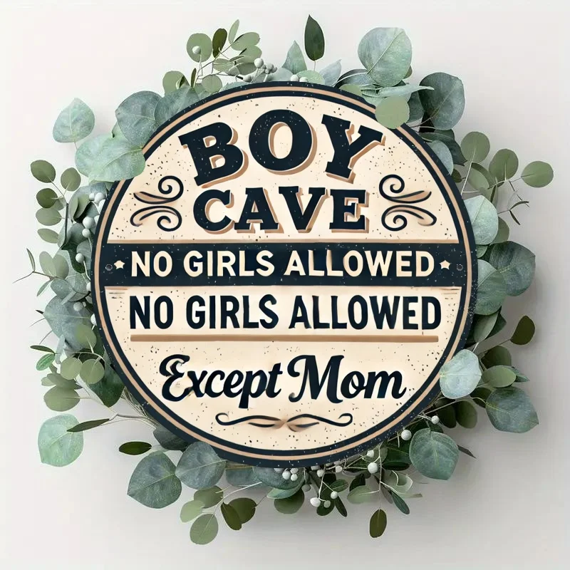Vintage Round Tin Sign 'Boys Cave, Girls Not Allowed Except Mom' - High-Quality, Rust-Proof & Waterproof, Ideal for Porch, Garag