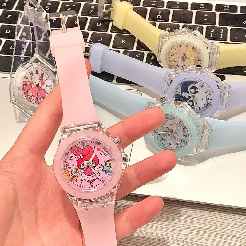 Sanrio Watch Cartoon My Melody Kuromi Night Light Student Quartz Hands Digital Jelly Silicone Student Watch Children\'s Day Gift