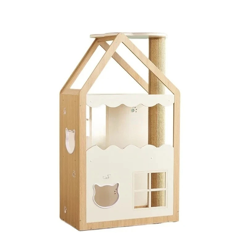 AAyjq Color Matching Big Wooden House Cat Climbing Frame Solid Wood Cat Nest Cat Scratching Column