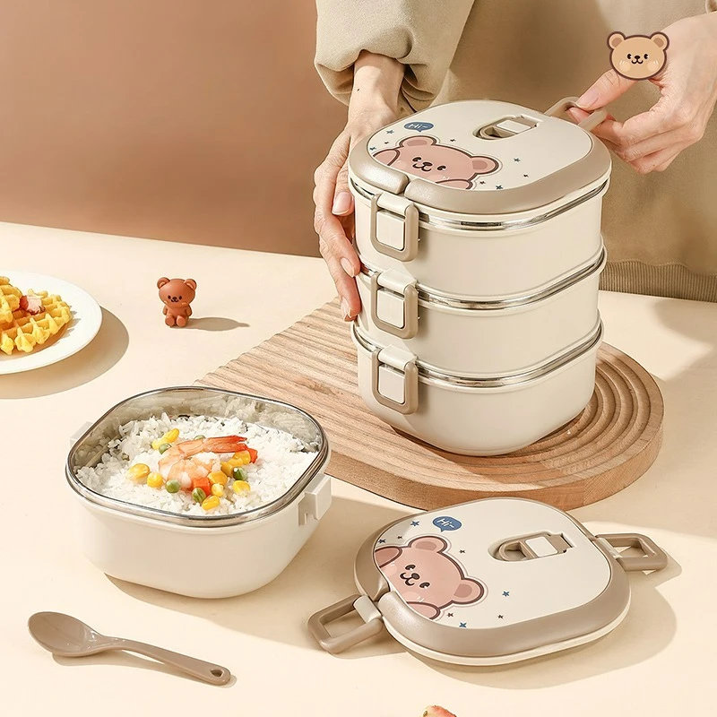 304 Stainless Steel Insulated Lunch Box For Kids Students Large Capacity Multi-layer Lunch Container With Spoon Microwave Safe