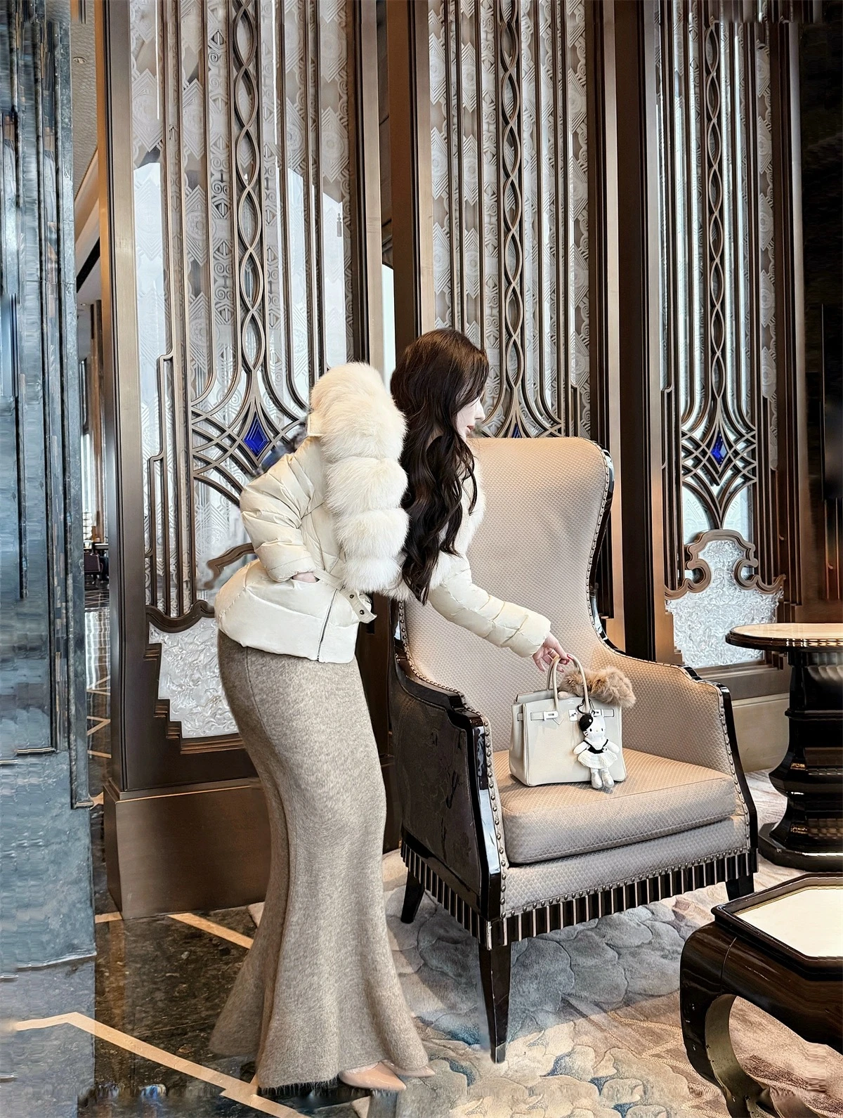 المرأة الخريف الشتاء شارع العليا فو الثعلب الفراء تقليم مقنعين الأبيض بطة أسفل معطف سيدة الشارع الشهير الدافئة طويلة الأكمام أسفل أبلى #2