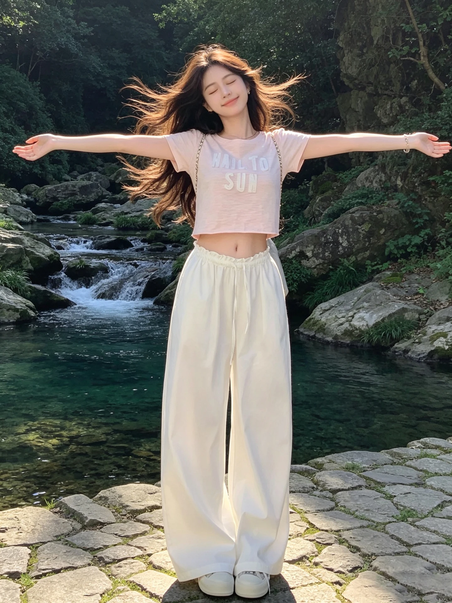 

Loose Fit Wide Leg Pants Women's Casual Elastic Waist Draped Style Flower Bud Shape Long Trousers Simple Match All Seasons