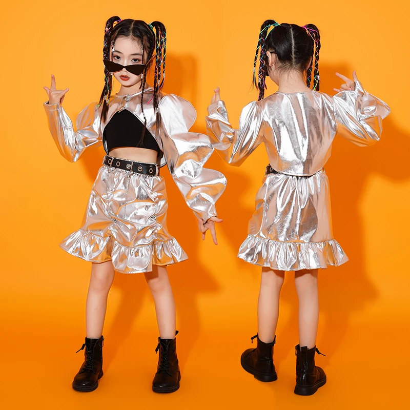 

Teenage Girls Ballroom Show Outfit Hip Hop Clothing Crop Tank Tops Silvery Skirt For Kids Cool Jazz Dance Costume Street Clothes