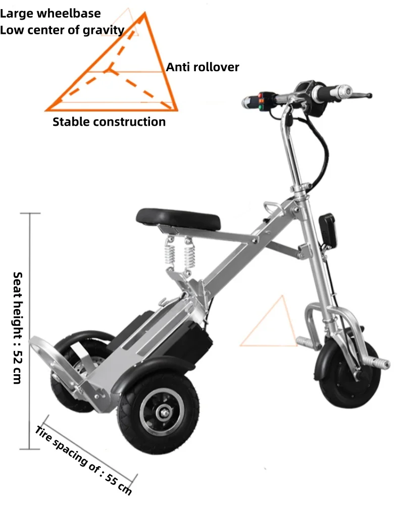 8 Inch Mini Electric Bike 250W 36V Portable Foldable Family Electric Tricycle for Elderly Lightweight with Cargo Basket