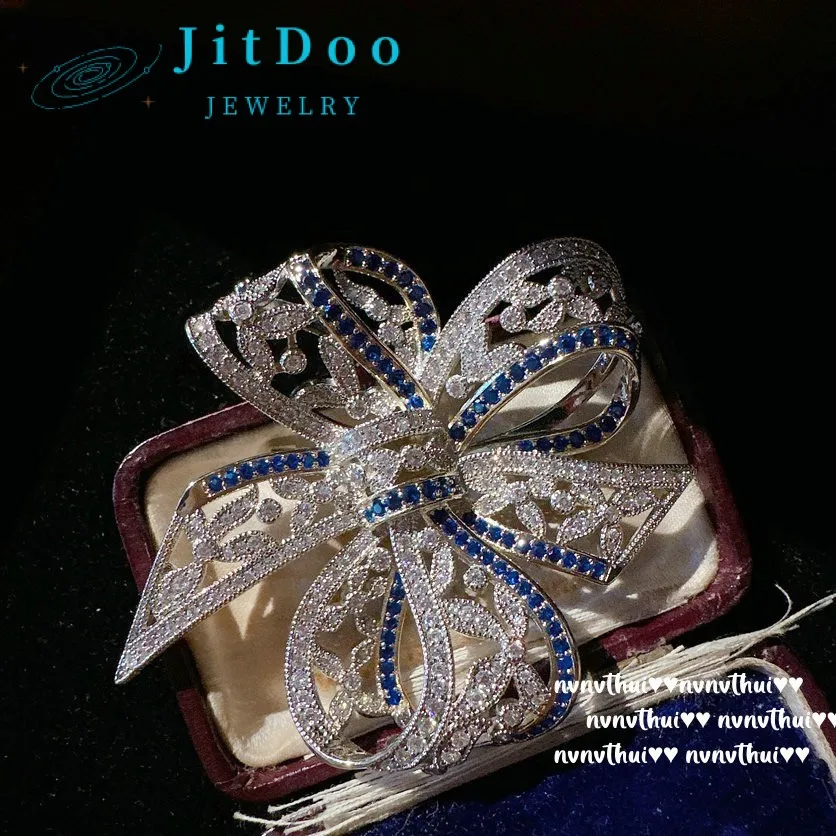 JitDoo Maria Blue Bow Full Zircon Plated 18-karat Gold Brooches for Women Luxury Designer Jewelry Fine Gift Clothes Accessories