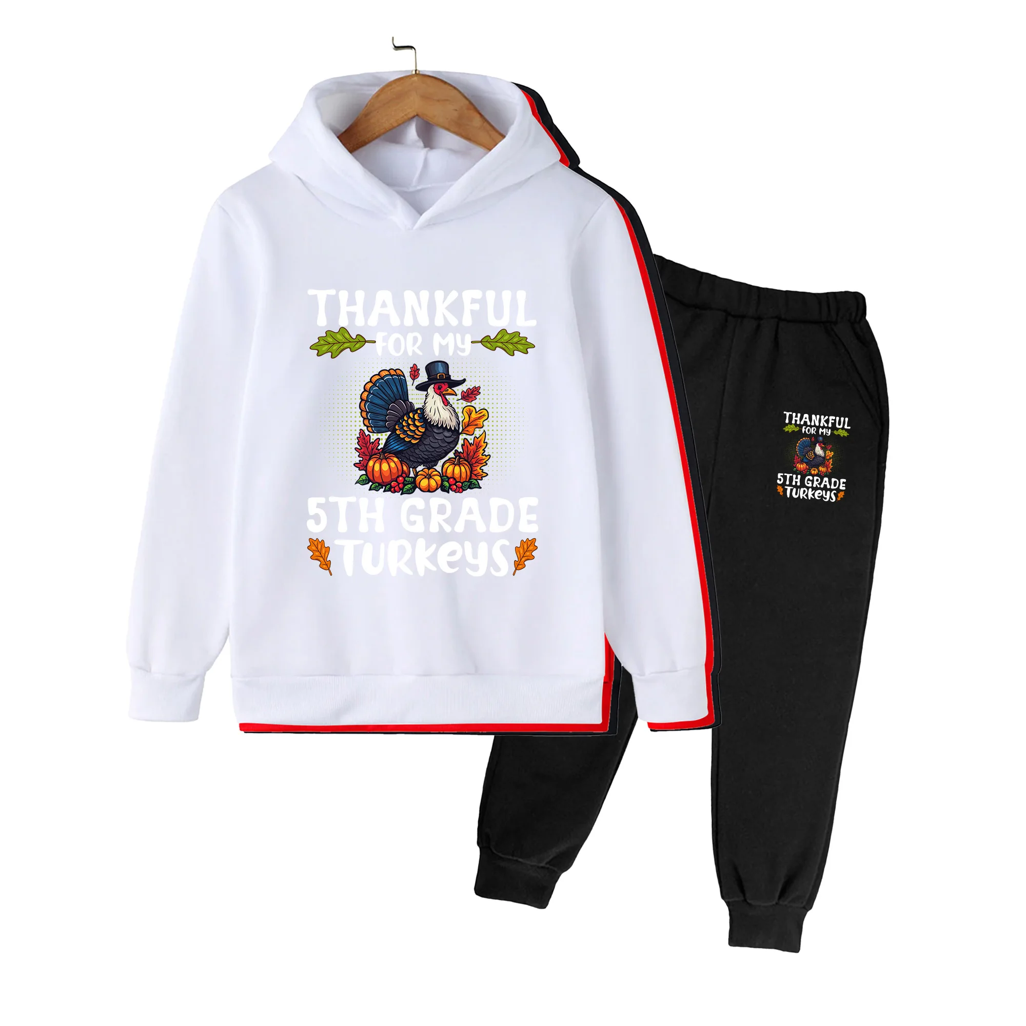 Kids Thanksgiving Turkey Print Hoodie & Sweatpants Set, Long Sleeve Casual Outfit for Boys Girls Fall Holiday Wear