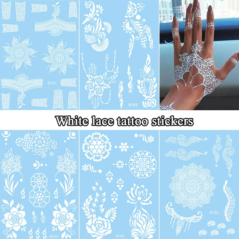 White Temporary Tattoo Women Lace Tattoo White Henna Paste Fake Waterproof Tattoo Moon Flower Star Arm Hand Face Tatoo Wedding