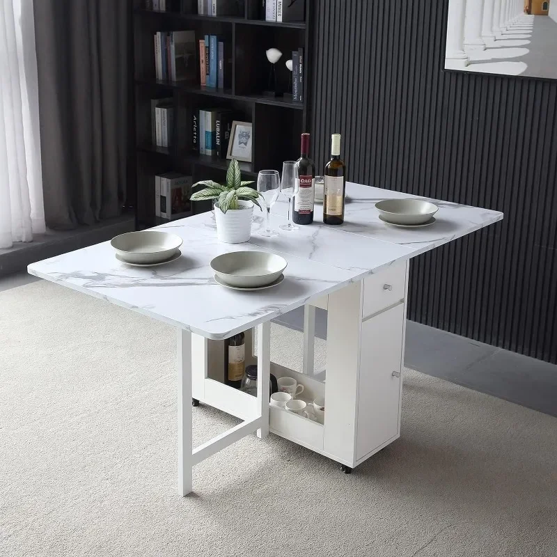 Folding Dining Table with Rack and 2 Storage Drawers, Movable Extendable Space Saving Kitchen Table in 3 Forms (White)