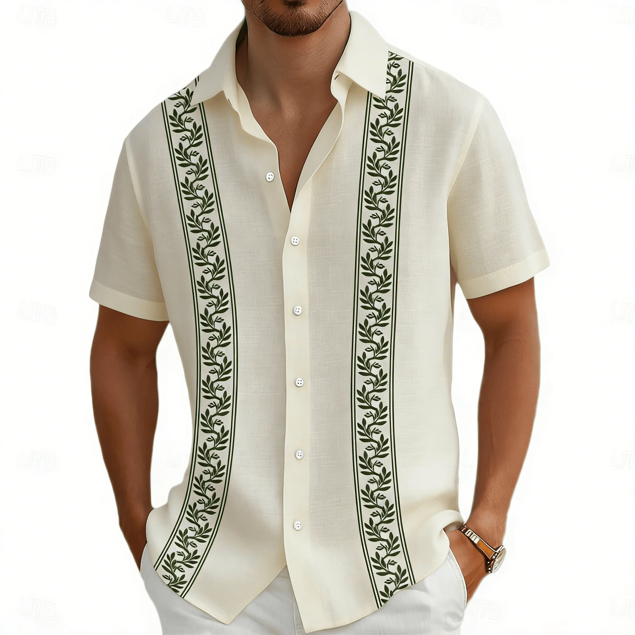 Men's Short Sleeve Shirt with Golden Wheat Ear Print, Casual Turn-Down Collar Top for Spring & Summer Vacation