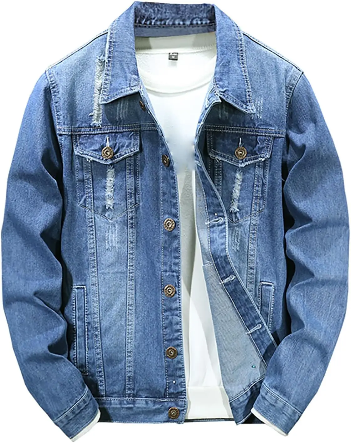 Men's Disdressed Denim Jacket Ripped Jean Jacket Coat with Pockets Jackets for Men