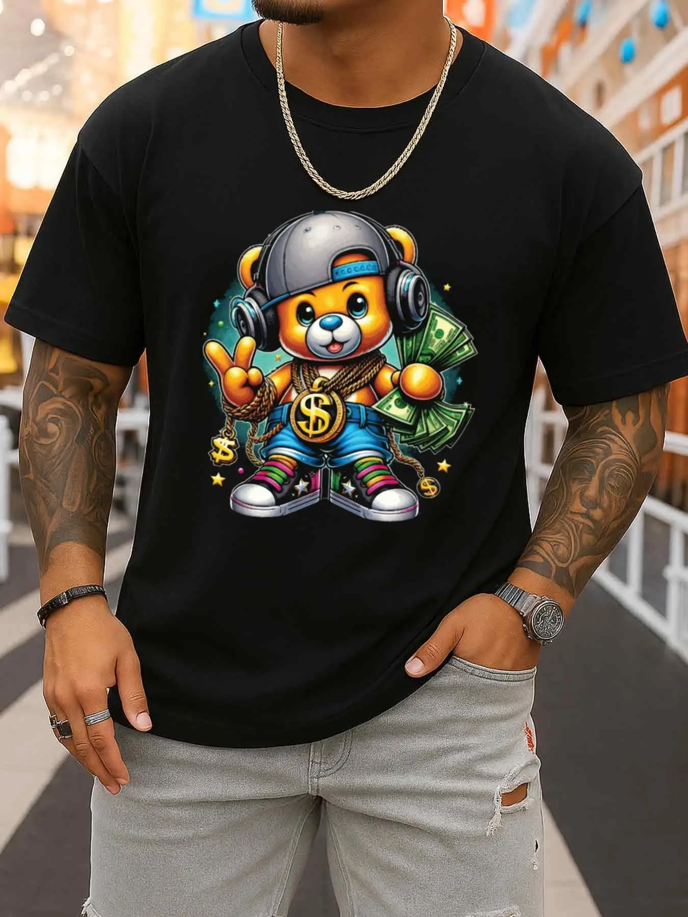 Hip-Hop Teddy Bear Print T-Shirt Men's Short-Sleeved Black Elegant New Spring and Autumn Trendy Print T-Shirt Casual Sportswear Fashionable Summer Outerwear Daily Weekend Wear Comfortable Outdoor Activity Clothing