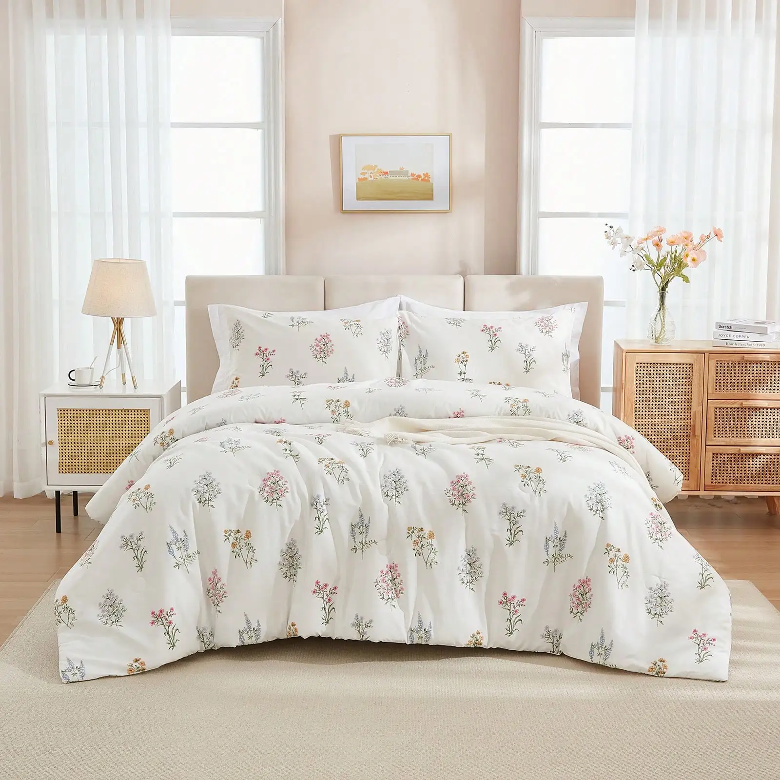 

Комплект постельного белья из 100% хлопка, двусторонний, с застежкой-молнией, 3 предмета, мягкий и дышащий, в садовом стиле с цветочным узором