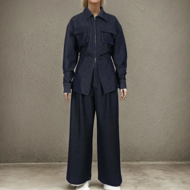 

Джинсовый брючный костюм с карманами, женский комплект из высококачественных брюк, женский джинсовый костюм из двух предметов, 2025 г., лето