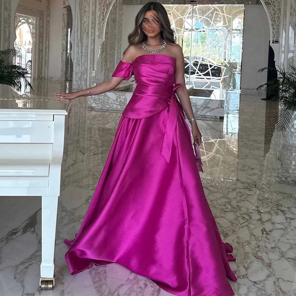 

Elegant Party Dresses Woman 2025 Satin A-line Evening Dress Fuchsia One-shoulder Bow Ruched Pleat Special Occasion Dress Long