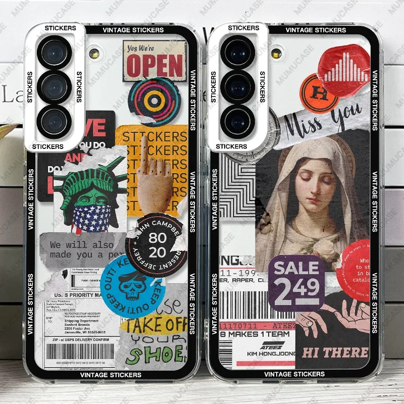 Case For Samsung Galaxy S24 S20 S21 FE S22 Plus S23 Ultra A22 A55 A54 5G Soft Cover Old vintage stickers