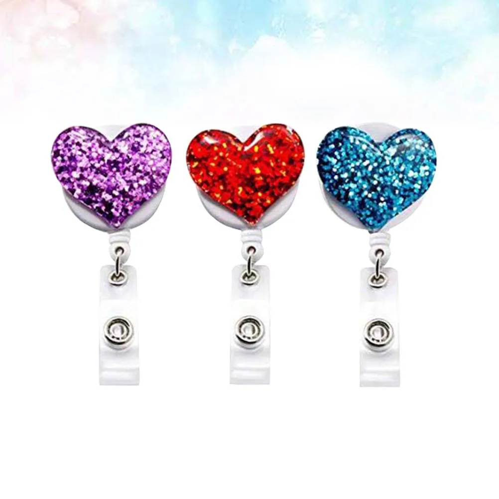 

3Pcs Heart Design Rhinestone Retractable Badge Reel Alloy Id Card Holder Name Tag Clip for Office Factory Workers Nurses