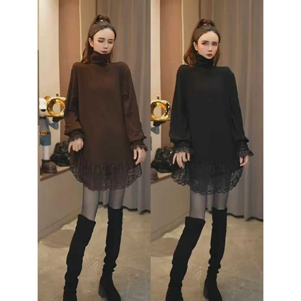 가을과 겨울 새로운 스타일 레이스 불규칙한 스플 라이스 탑 여성을위한 유행 높은 목 긴팔 솔리드 컬러 티셔츠