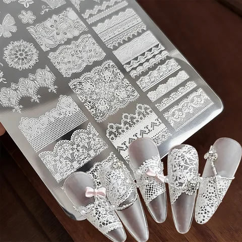1Pcs French Lace Flower Butterfly Nail Art Stamping Plate Hollow Mesh Print Stainless Steel Nails Stencil DIY Geometry Manicure