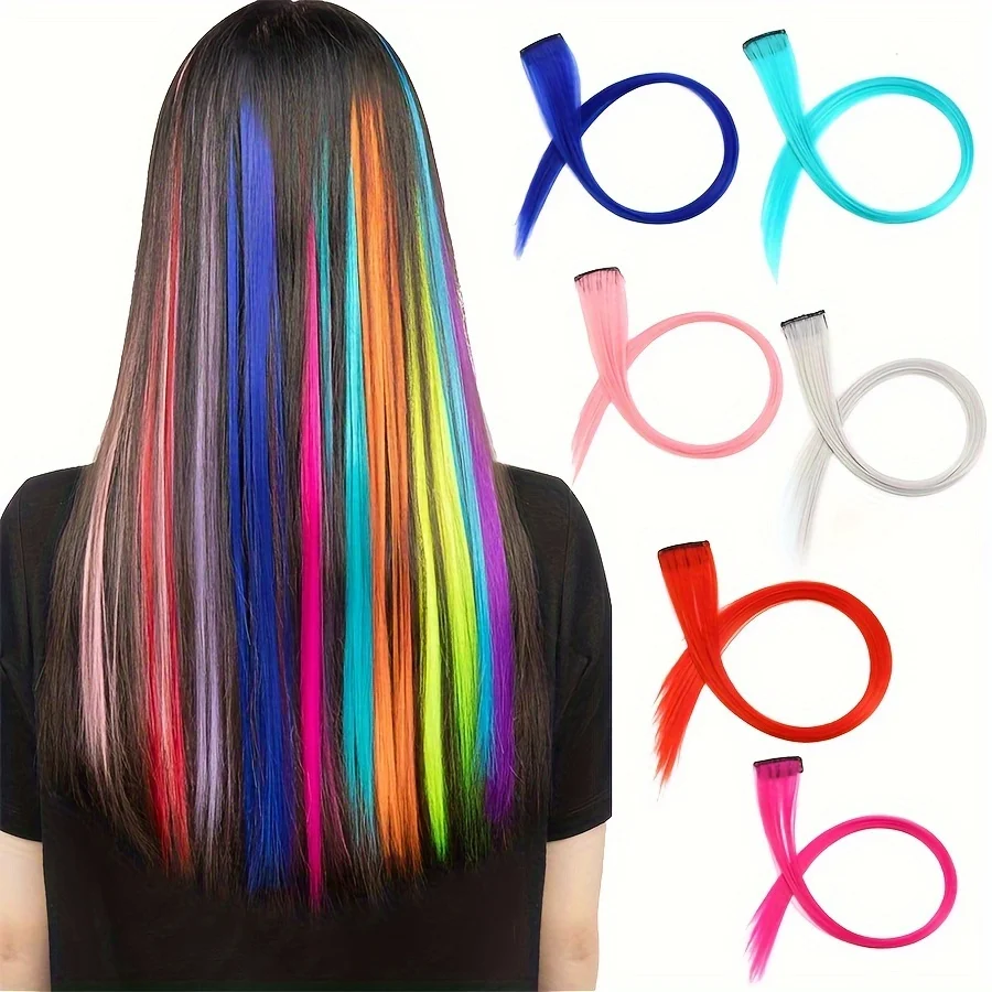 12 Pairs Colored Hair Extensions: Straight Hairpiece, Multi-Color Party Highlights, Clip-in Synthetic Hair Extensions for Women