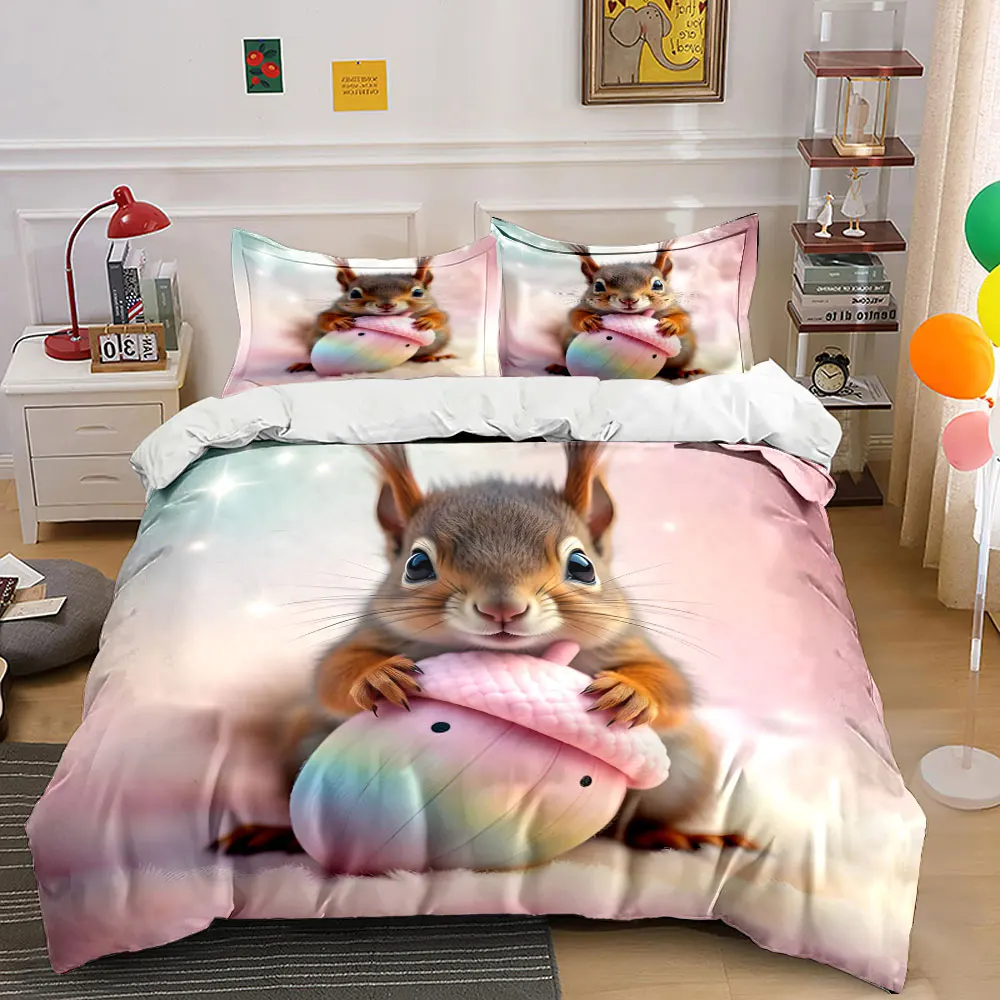 Cute squirrel hugging colorful acorn Bedding Set for Kids Luxury Gift 3pcs Digital Print Comforter Set Soft Comfortable