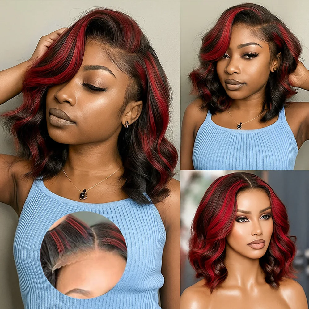 

200% Density 1B/99J Wear And Go 5X5 Glueless Red With Black Color Short Bob Wig Body Wave 13x4 HD Transparent Lace Front Wig