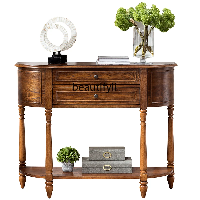 

yj American Solid Wood Semicircle Entrance Cabinet European Retro Console Tables Simple Console