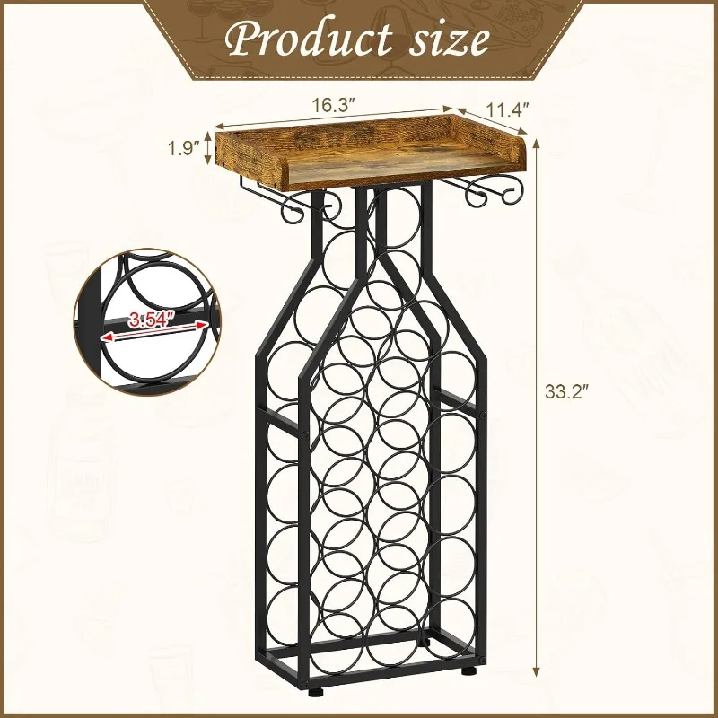 Wine Rack Freestanding Floor, Wine Storage Rack Mini Bar Table with Tabletop, Glass Holder Wine Bottle Display Stand L