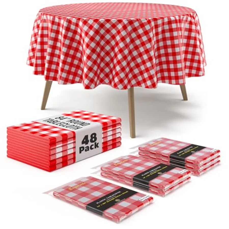 

Picnic Table Cover - Premium Round Plastic Tablecloth - and White Checke BBQ Table Cover - Gingham Checkerboard Disposable Plas