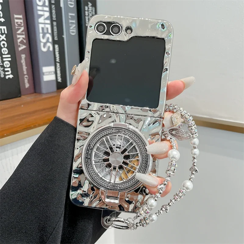 Electroplated Gyroscope Holder Wrist Strap Phone Case for Samsung Galaxy Z Flip 6 5 4 3 Flip6 Flip5 Flip4 Flip3 Protective Cover