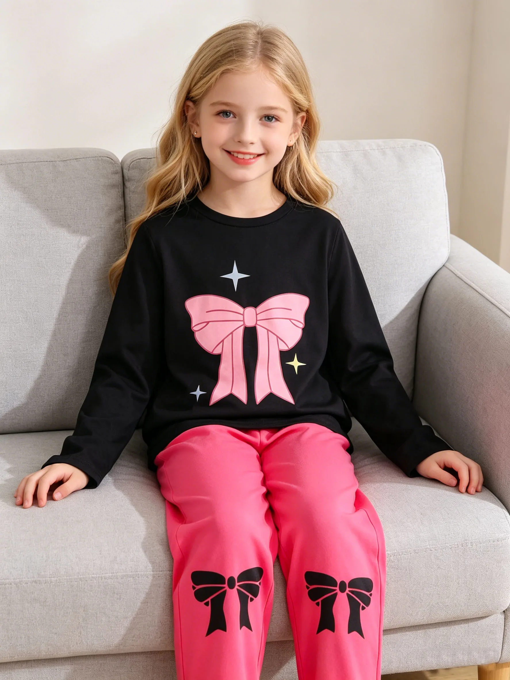 Girls' fashionable home clothes for spring and autumn, girls' outdoor leisure star bow pattern top, long sleeved pants