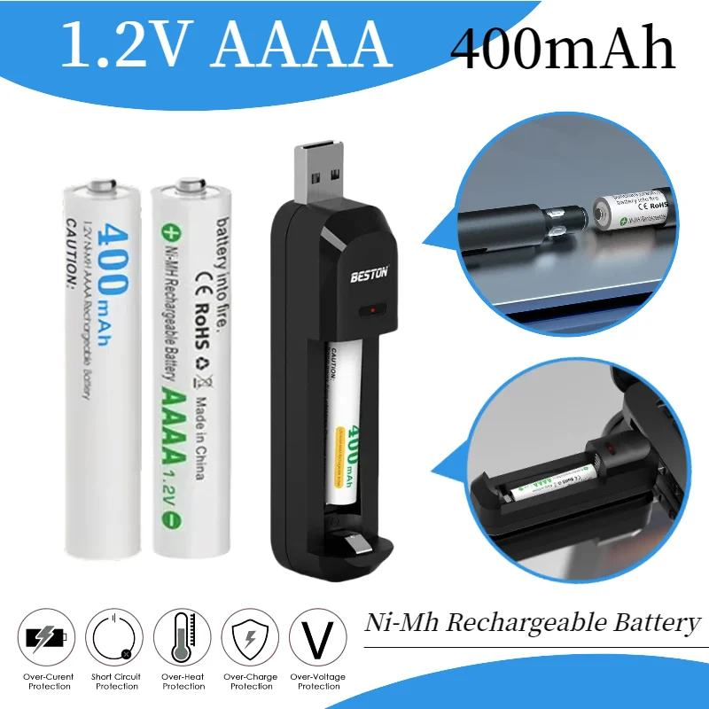 

1.2V AAAA Rechargeable Battery 400mAh with Charger for Stylus Glucose Meter Ni-MH LSD Long Life Ni-MH Battery Low Self Discharge