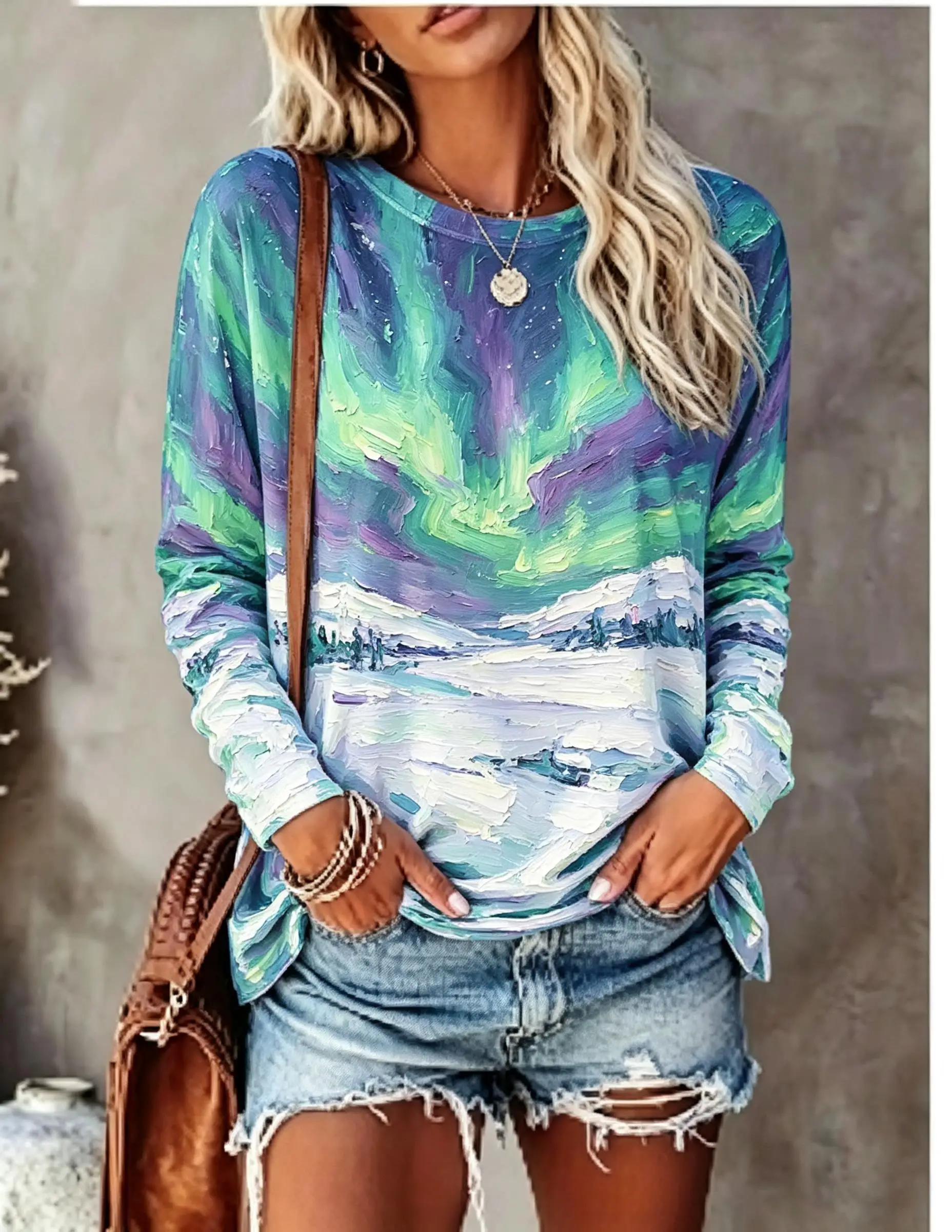 Women Long Sleeve T Shirt Aurora Borealis Mountain Lake Oil Painting Print Crew Neck Casual Fall Tops