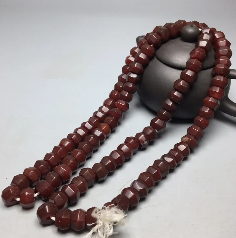 Tibetan Natural Silk Patina Old Red Agate Dzi Beads Necklace M3270