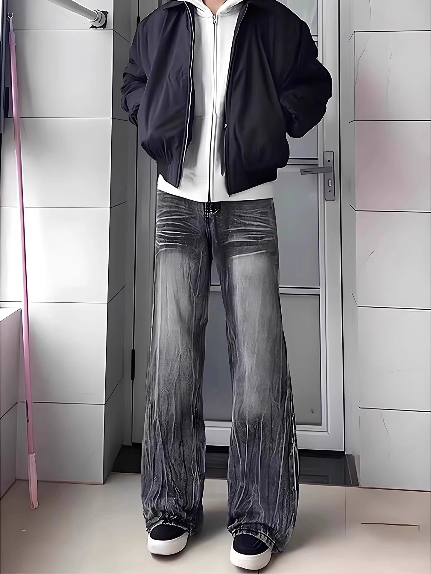 

Men's Fce Lined Denim Jeans High Waist Tapered Pants American High Street Sle Lightning Pattern Long Length Autumn Winter