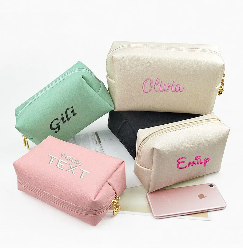 Personalized Embroidery Small Makeup Bag PU Leather Travel Cosmetic Pouch Toiletry Bag for Women Portable Water-Resistant Bag