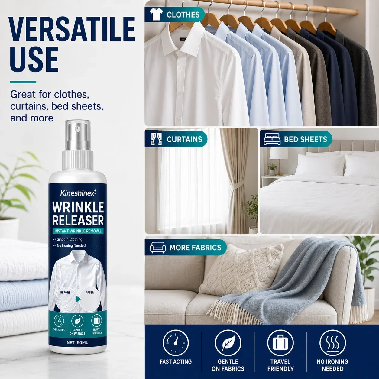 100ml Anti Static Spray Clothes Wrinkle Remover Fabric Softener Crease Resistant Iron Free Garment Care