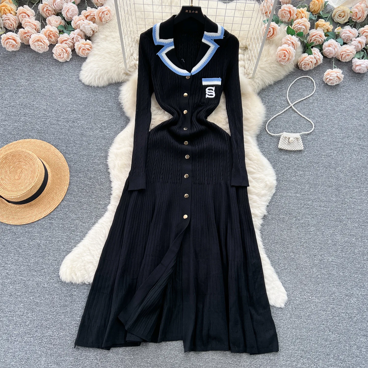 New Spring Autumn Fashion Women Embroidery Design PoIo Collar Slimming Temperament Knitted High Quality Dress