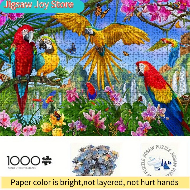

Набор из 1000 деталей: Пазлы DIY из бумаги, тема «Тропический лес: попугай и орхидея с водопадом», высококачественный белый картон, идеально подходит для творчества.