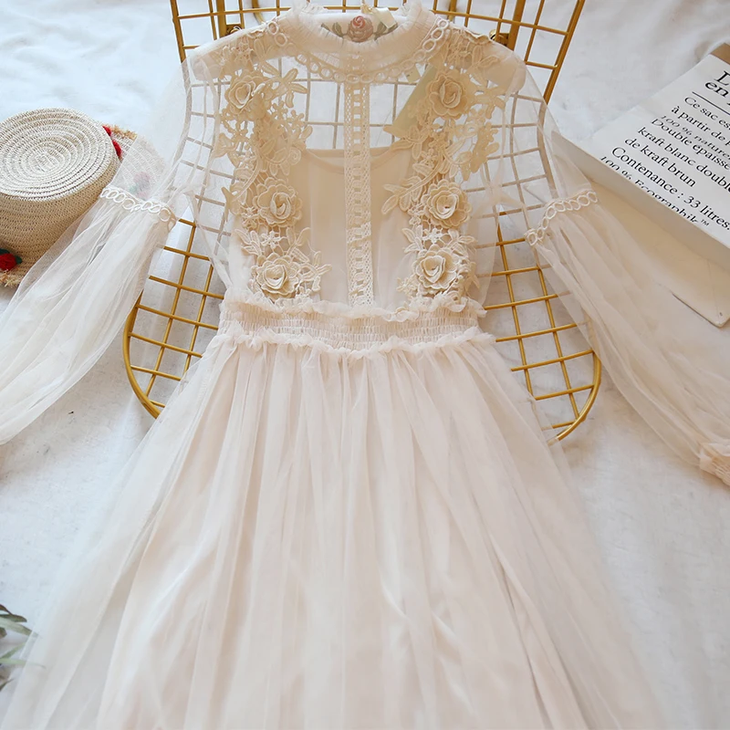 Women Evening Dress Three-dimensional Decoration Floral Mesh Stand Collar Lantern Sleeve Waist Up Ladies Dresses Summer 2024