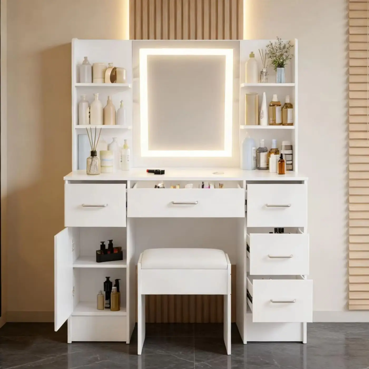 White Light Vanity Set with LED Lighted Mirror 5 Drawers & Stool 3 Color Dimmable Easy Assembly Makeup Dressing Table Bedroom