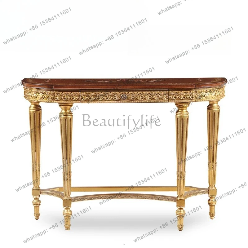 

European-style high-end retro carved entrance table, living room semicircular wall decorative side cabinet