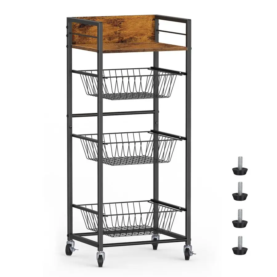 

4-ярусная корзина для фруктов на колесиках с выдвижными корзинами и деревянной столешницей для кухни, гостиной, ванной комнаты, кладовой