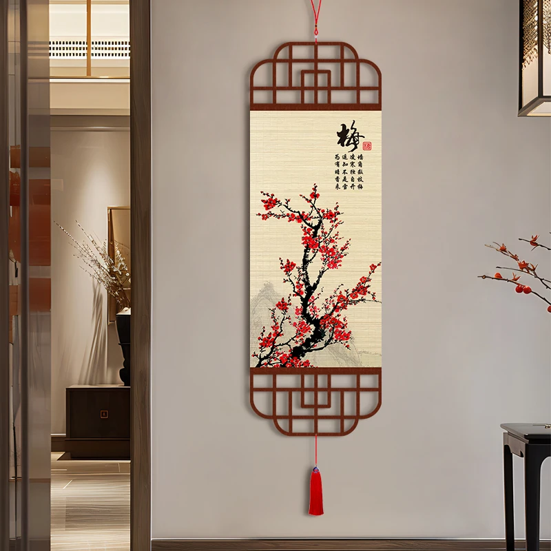 Zen Plum Blossom Wall Art, Floral Bamboo Scroll Hanging Painting for Courtyard Tea Room Living Room Study, Aesthetic Room Decor