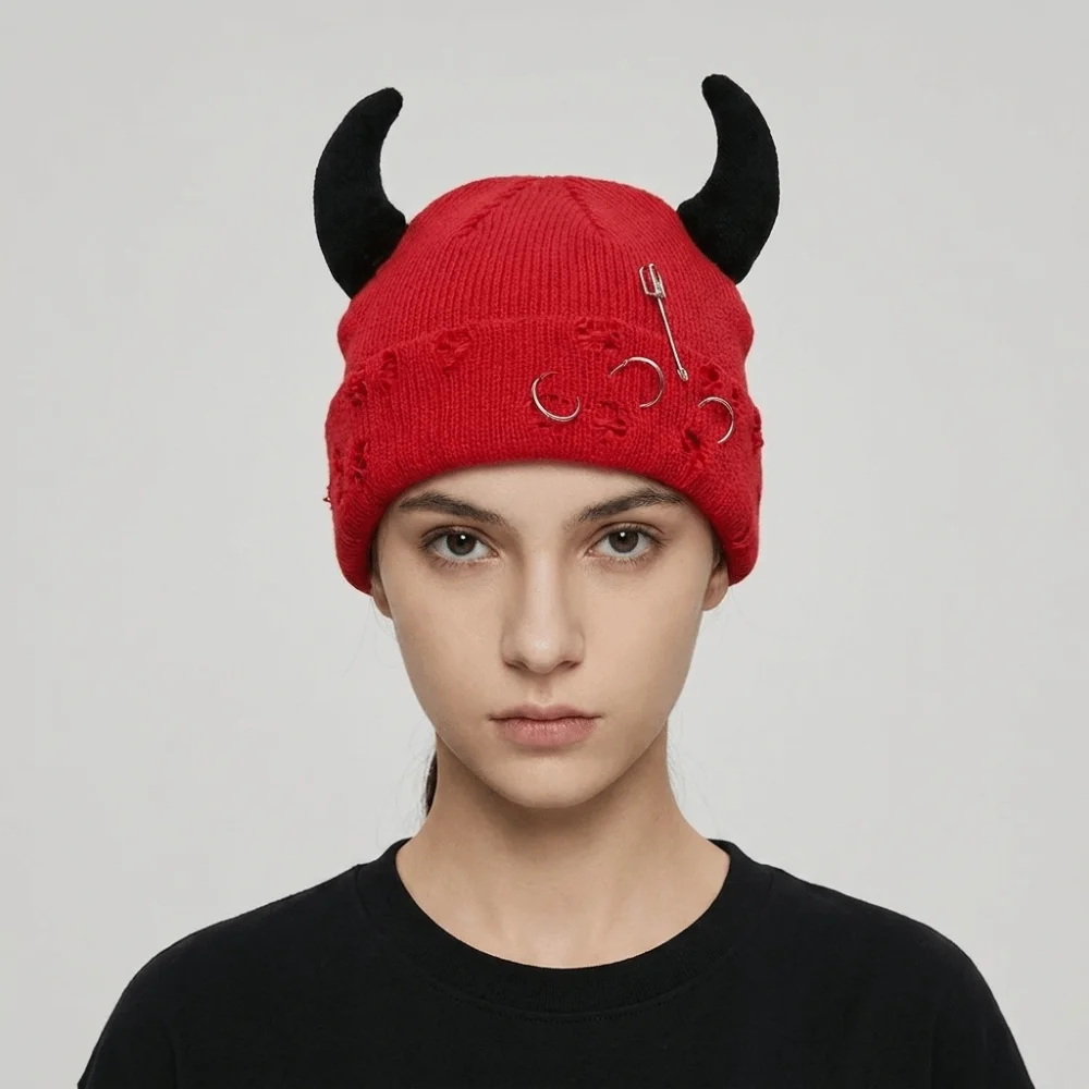 Fashion Yarn Devil Horns Hat Solid Color Distressed Winter Pullover Cap Hip Hop Warm Knitted Beanie Halloween Cosplay