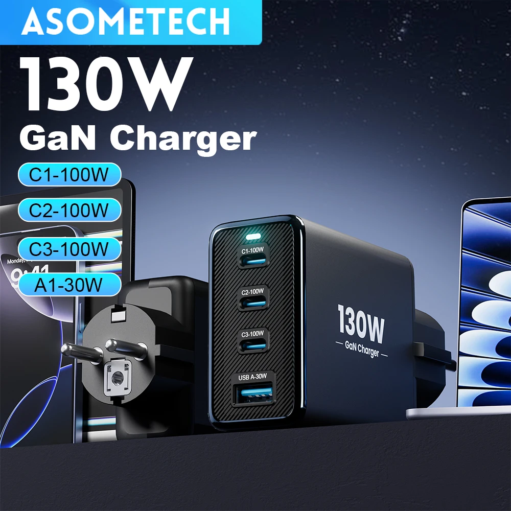 Gan USB Type C Charger 130W 4 Port PD3.0 QC4.0 3.0 Grounded Fast Charging For Samsung iPhone 17 16 Pro Laptop Phone Chagers