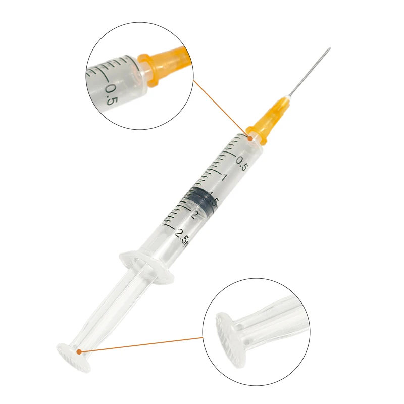 Siringa antiscivolo Luer diaposabile da 100 pezzi 2,5 ml/cc con ago 25G 1 pollice sterile confezionata singolarmente per erogazione industriale, uso da laboratorio